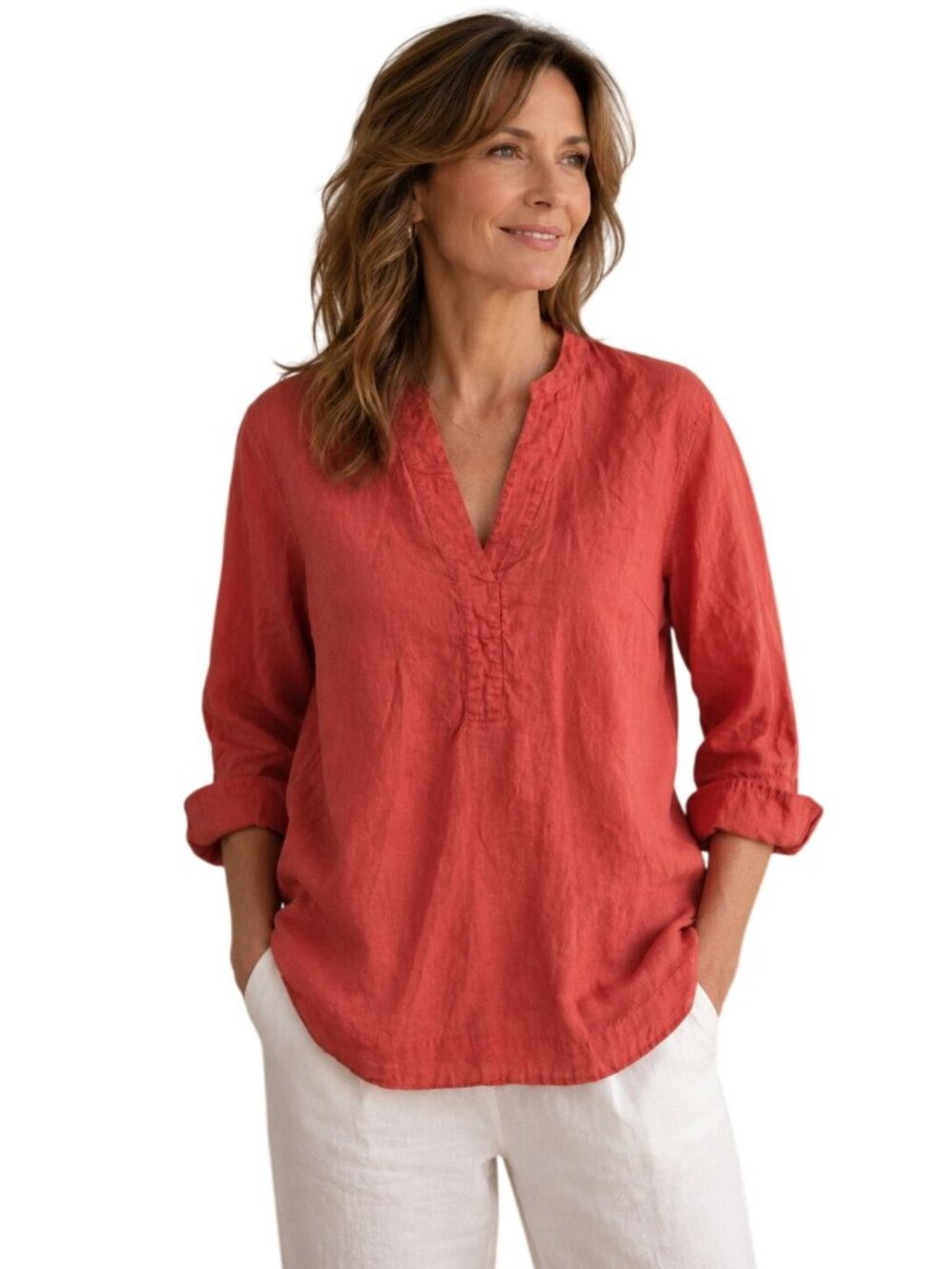 Magaschoni Coral 3/4 Sleeve Split Neck Sustainable Linen Tunic Top Size S